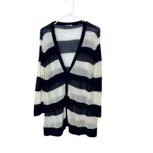 Autumn Cashmere Womens LInen Striped Cardigan BLue & White LIghtweight Large